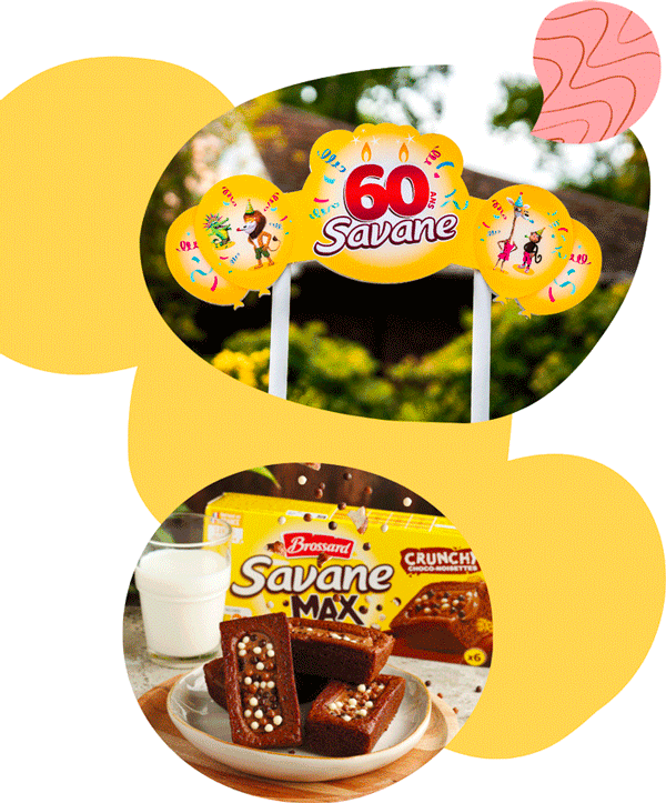 Agence Belle Nouvelle ! Montage de 2 photos pour les 60 ans de Savane de Brossard : la première est une affiche anniversaire, la seconde des gâteaux Savane Max dans une assiette devant un paquet et un verre de lait